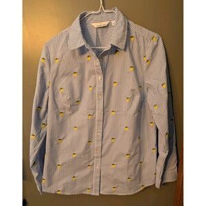 Lemon Way Women's LS Blue Pinstripe Blouse Button Down Shirt Size Small Lemons